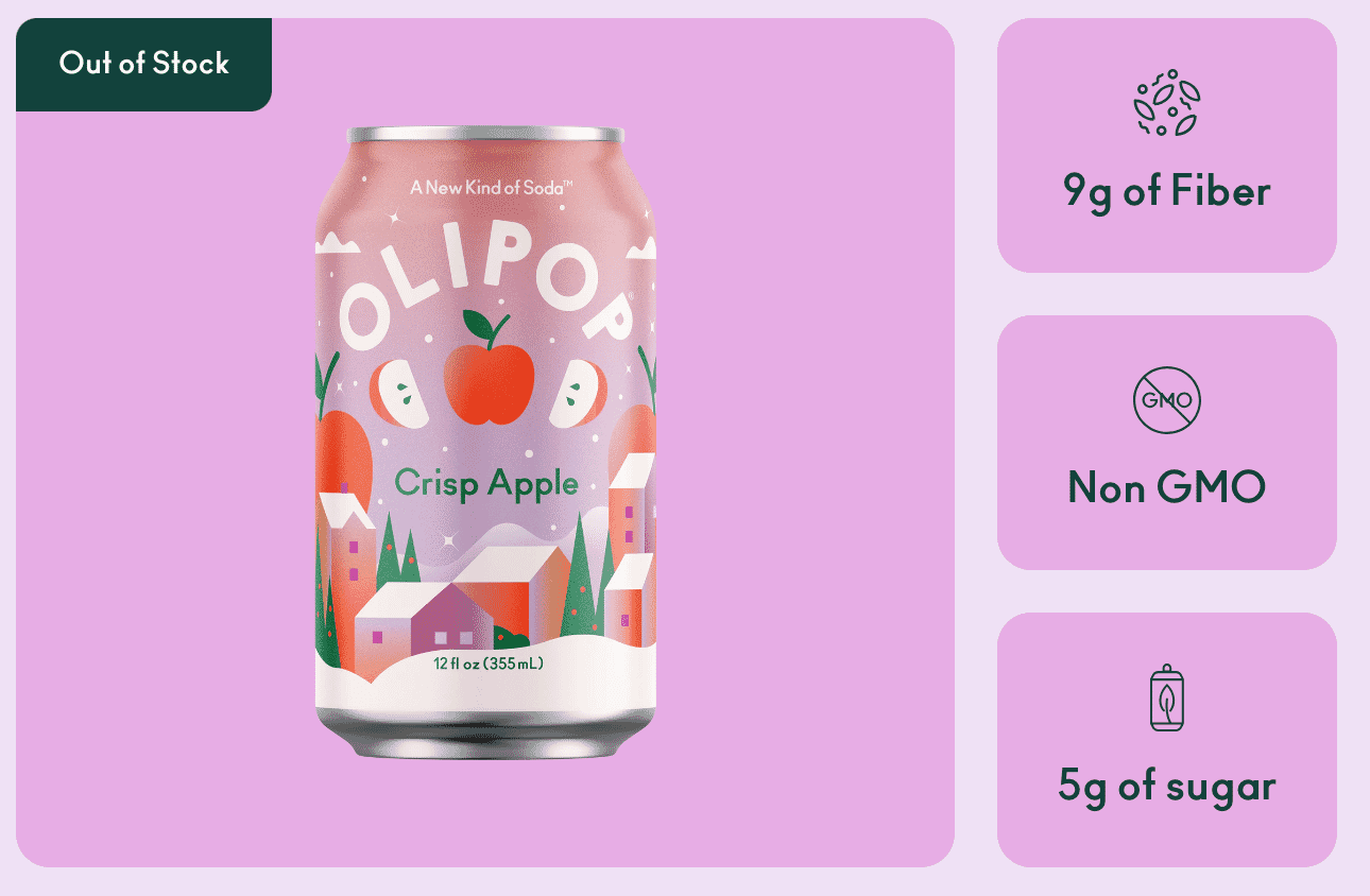 OLIPOP Crisp Apple soda can with 9g fiber, non-GMO, and 5g sugar, displayed as out of stock
