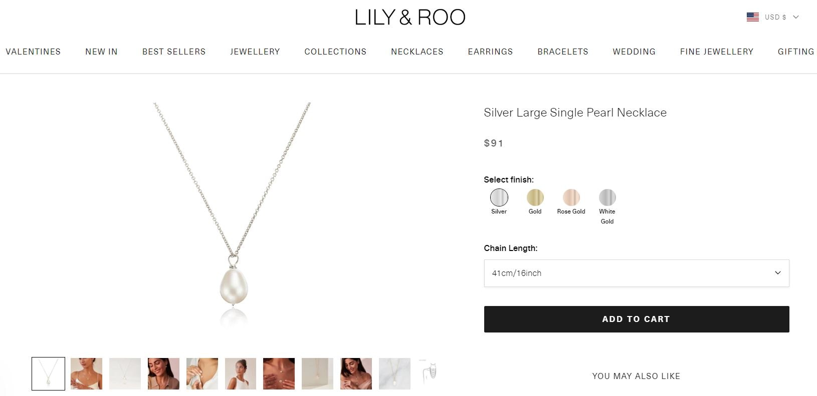 Silver large single pearl necklace by Lily & Roo with finish options in gold, rose gold, and white gold