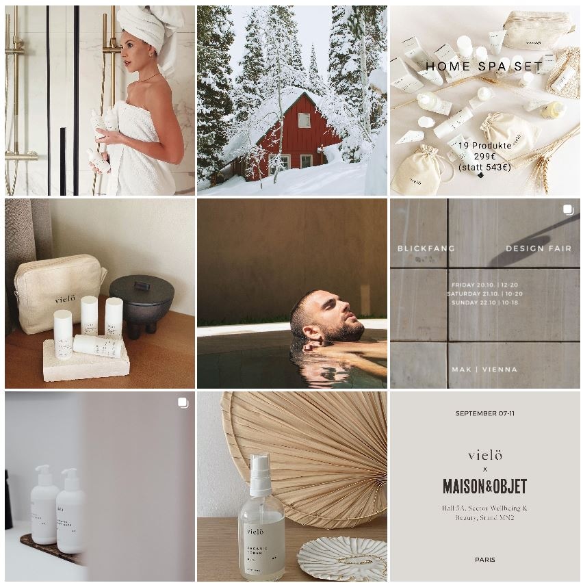 Vielö lifestyle collection showcasing home spa set, skincare products, and promotional displays.