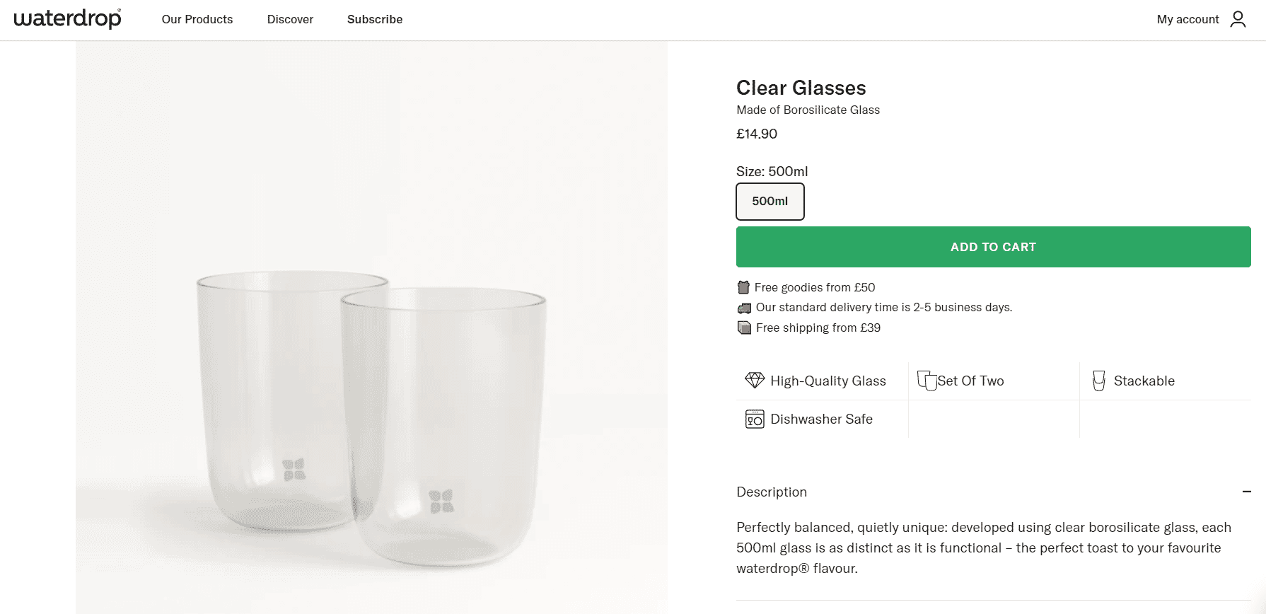 Waterdrop clear borosilicate glasses set of two, 500ml capacity, dishwasher safe and stackable