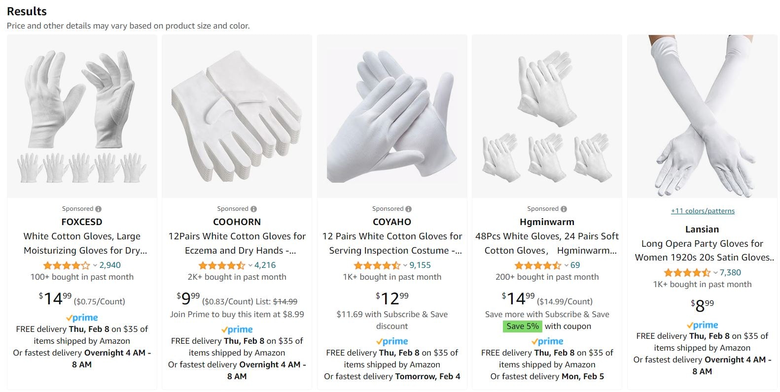 Selection of white cotton gloves for moisturizing, eczema relief, and costume purposes displayed on Amazon