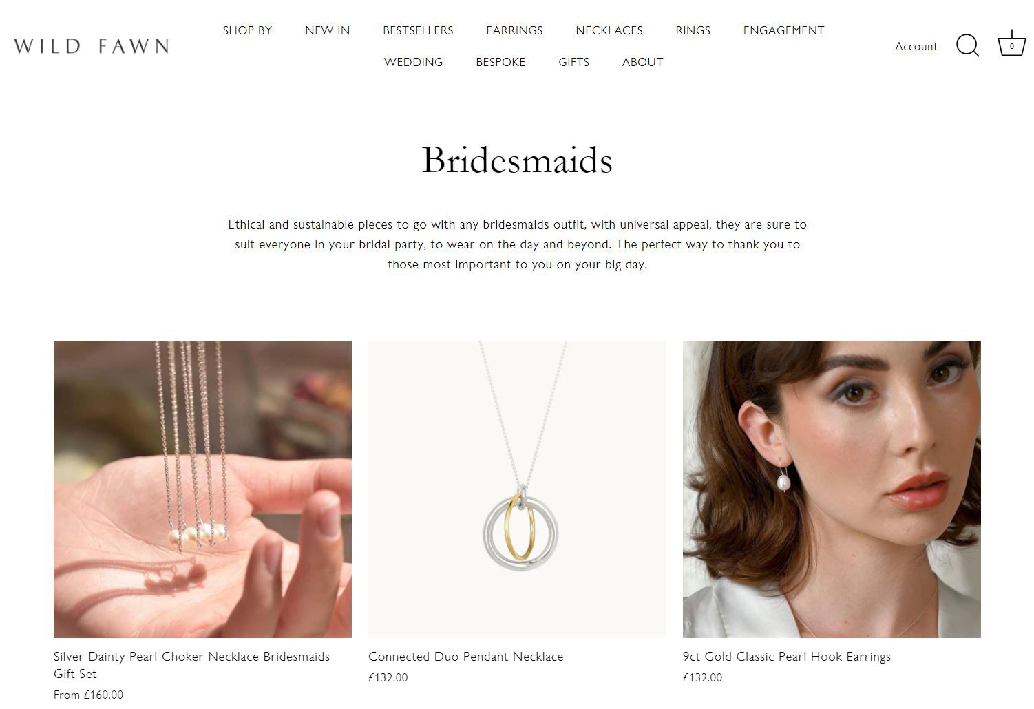 Bridesmaid jewelry collection with pearl necklaces, duo pendant necklace, and pearl hook earrings by Wild Fawn