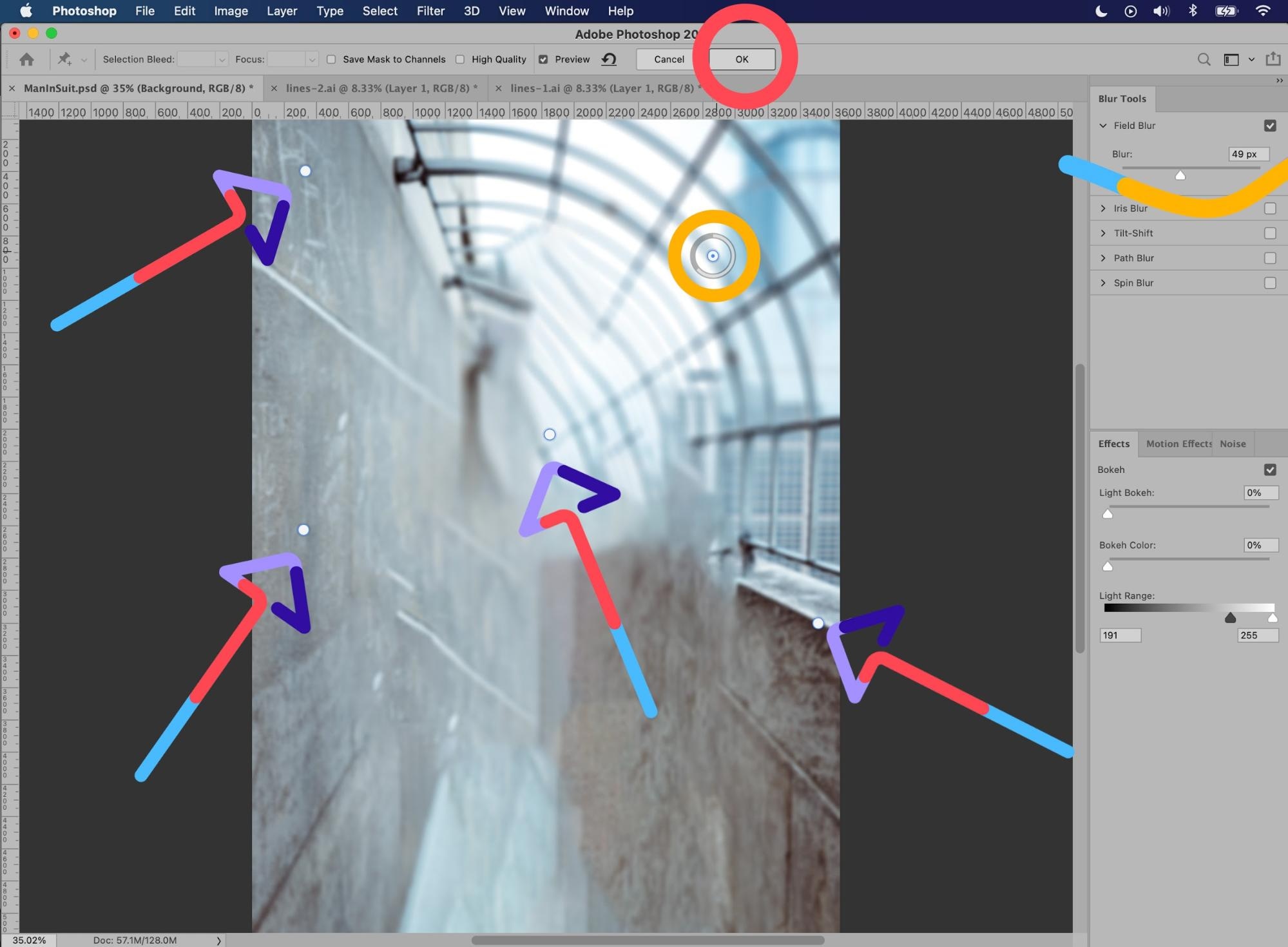 Field Blur settings applied in Photoshop with multiple focus points for background blur effect