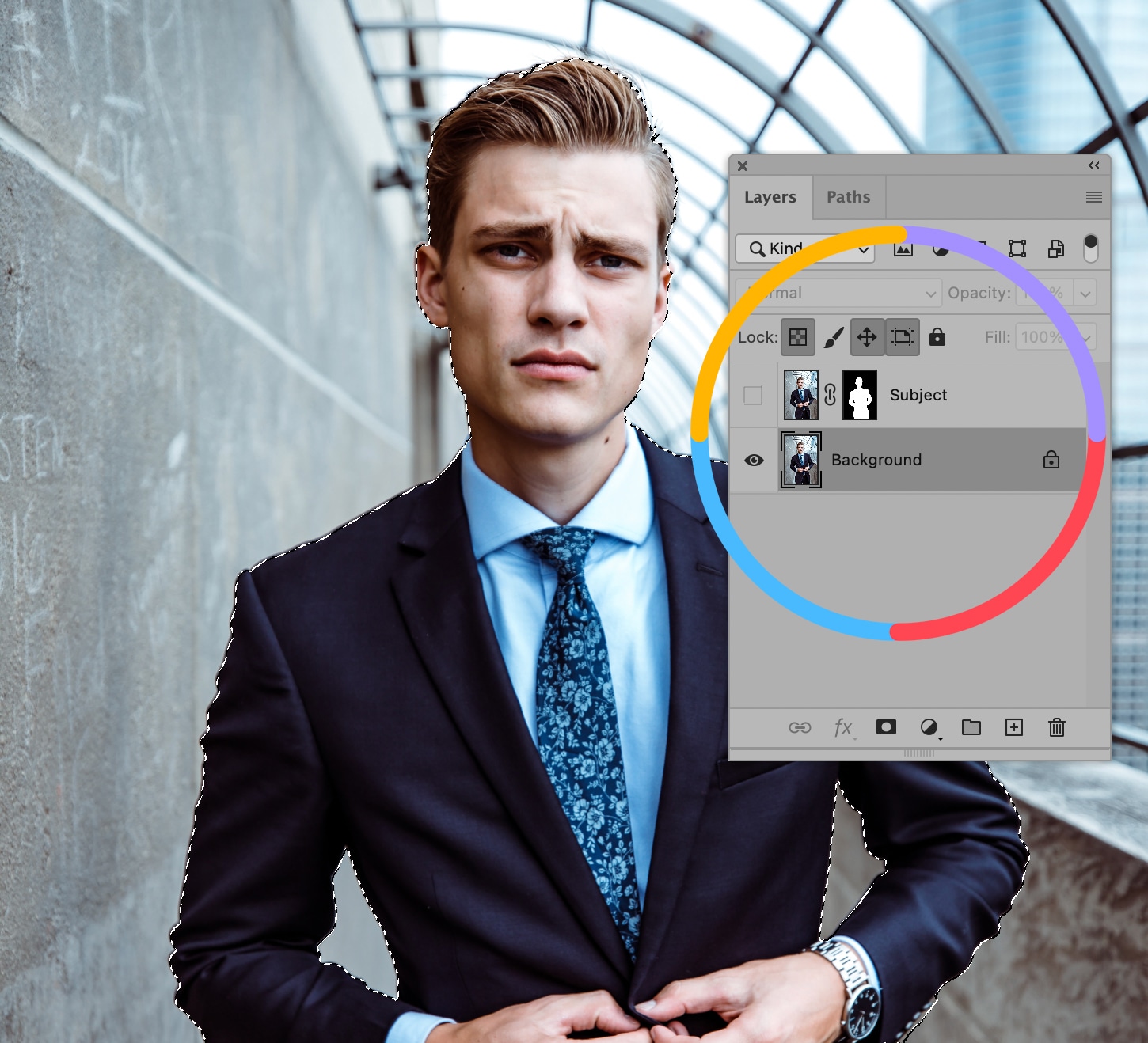Photoshop layers panel with selected subject mask for background blur effect