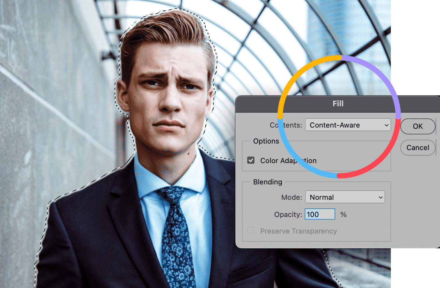 Content-Aware Fill dialog in Photoshop with color adaptation for background blur effect