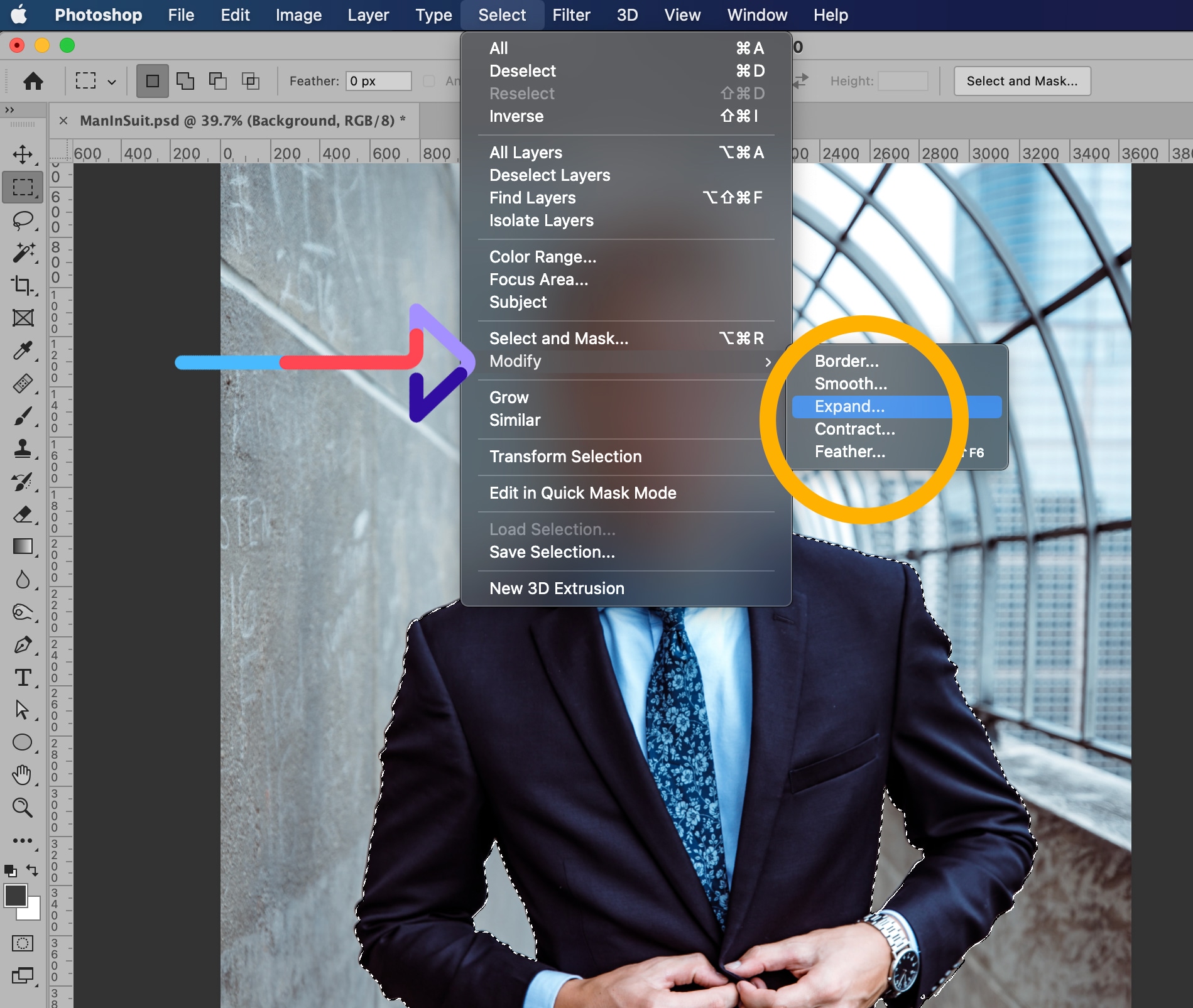 Photoshop menu showing selection modification with expand option for background blur effect