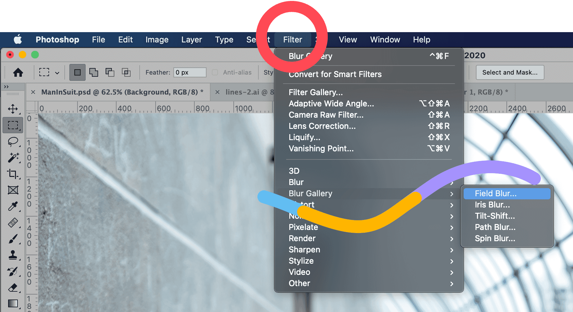 Photoshop filter menu with field blur option selected for background softening effect