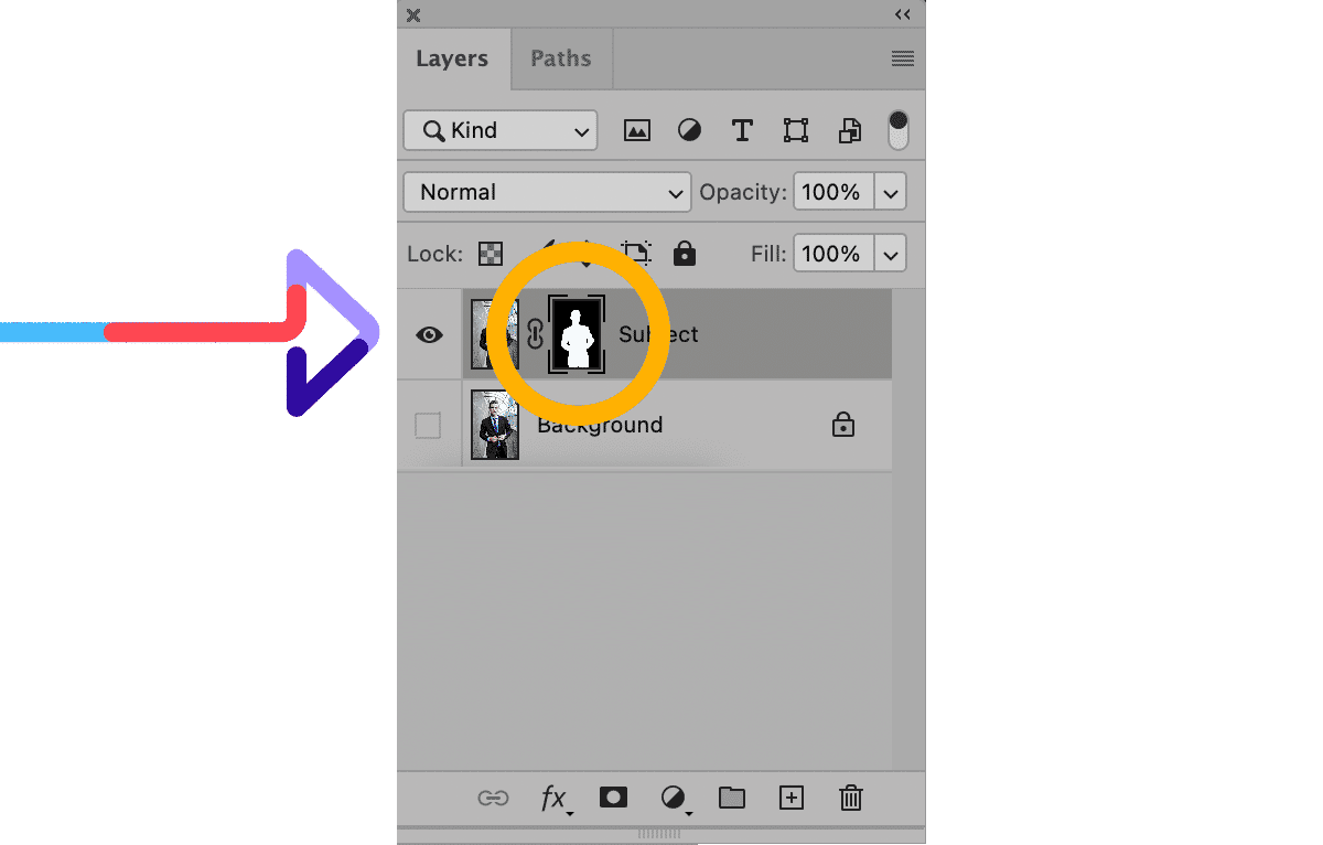 Photoshop layers panel with linked layer mask for background blur effect