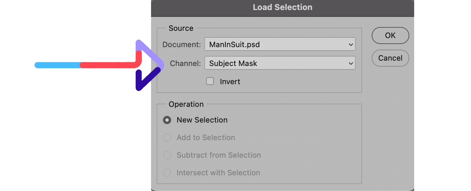 Photoshop "Load Selection" dialog for applying subject mask to background blur effect