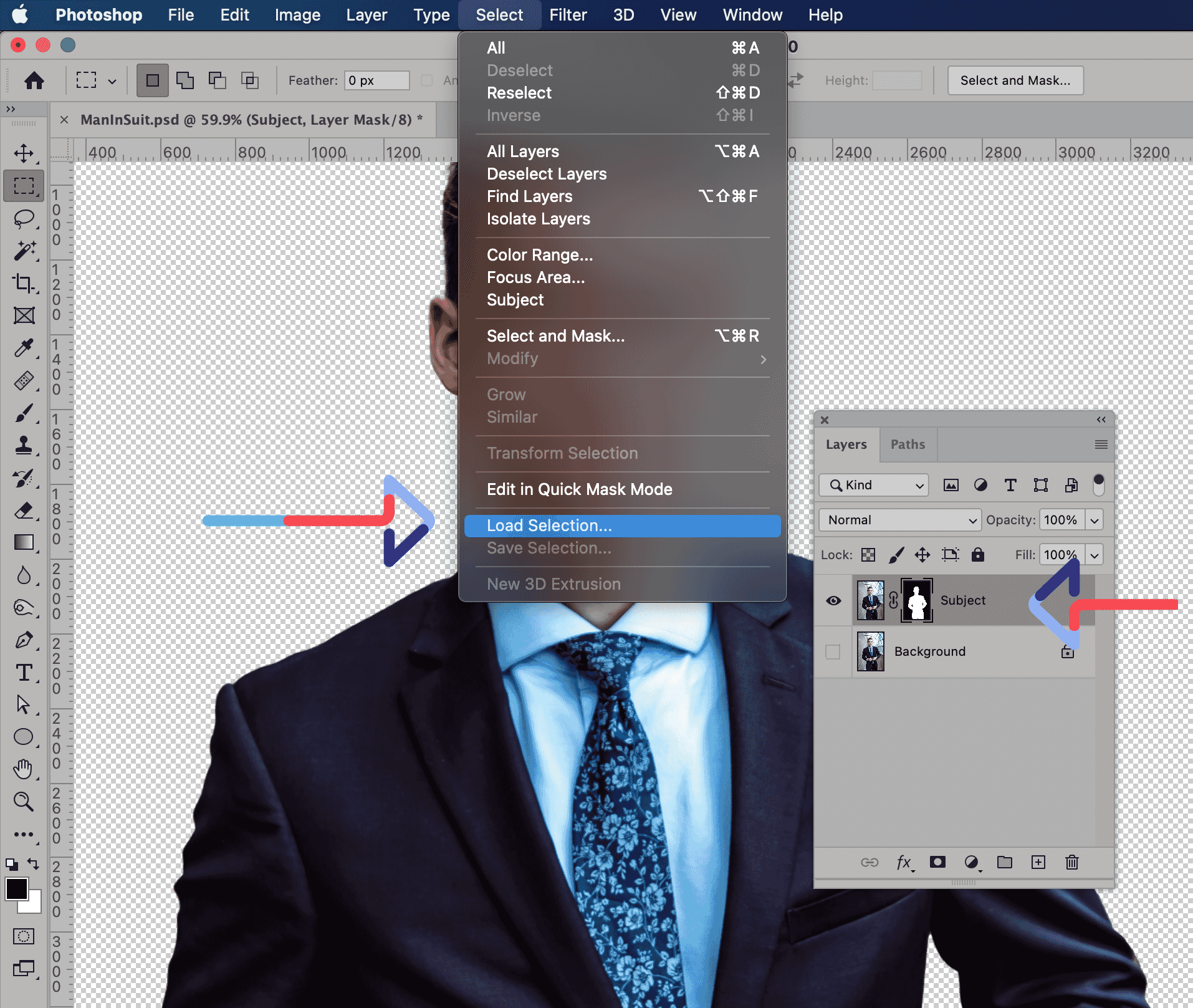 Photoshop menu showing "Load Selection" option for refining background blur effect