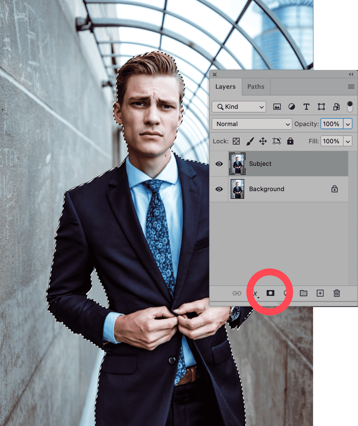 Photoshop layers panel with subject mask applied for background blur tutorial