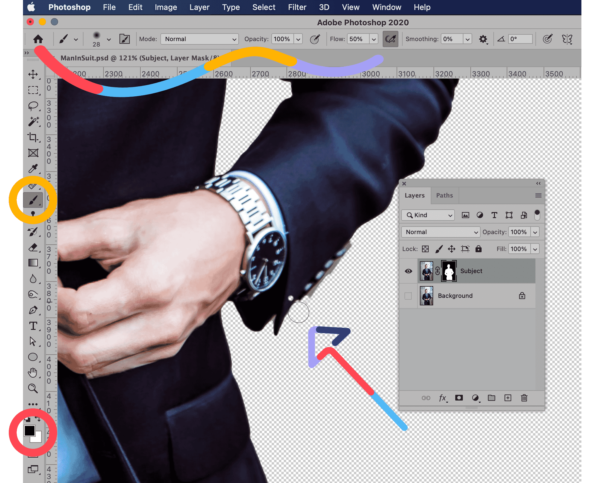 Close-up in Photoshop refining subject mask edges for accurate background blur effect