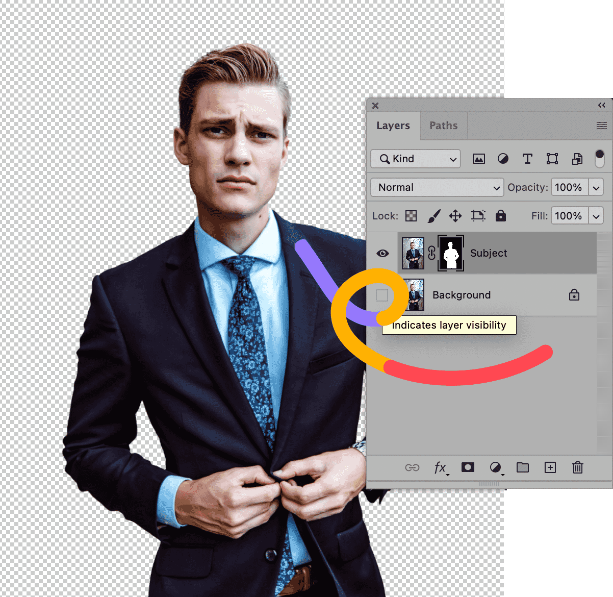 Photoshop layers panel showing background visibility removed for subject isolation