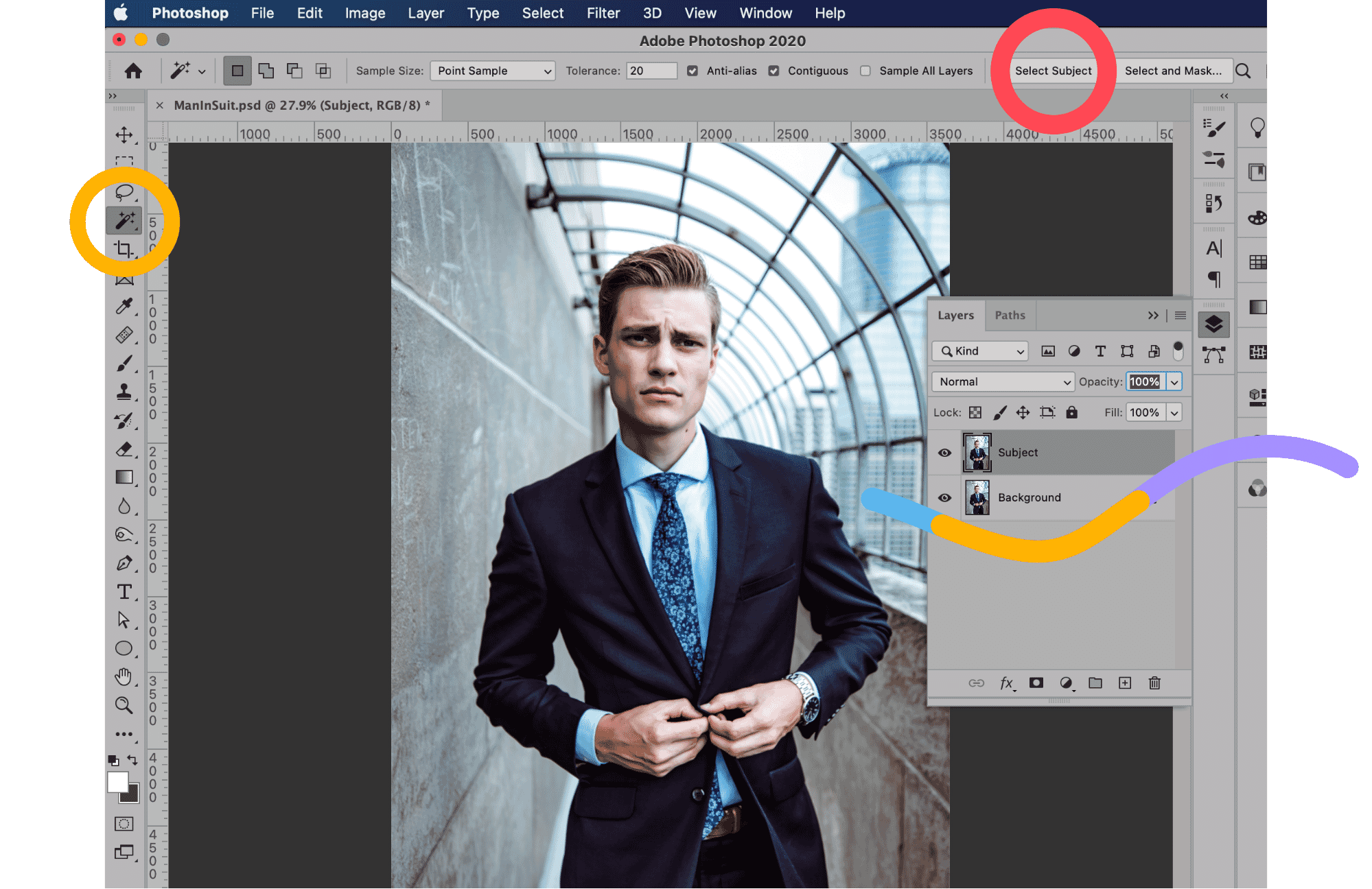 Photoshop window showing subject selection tool for background blur effect