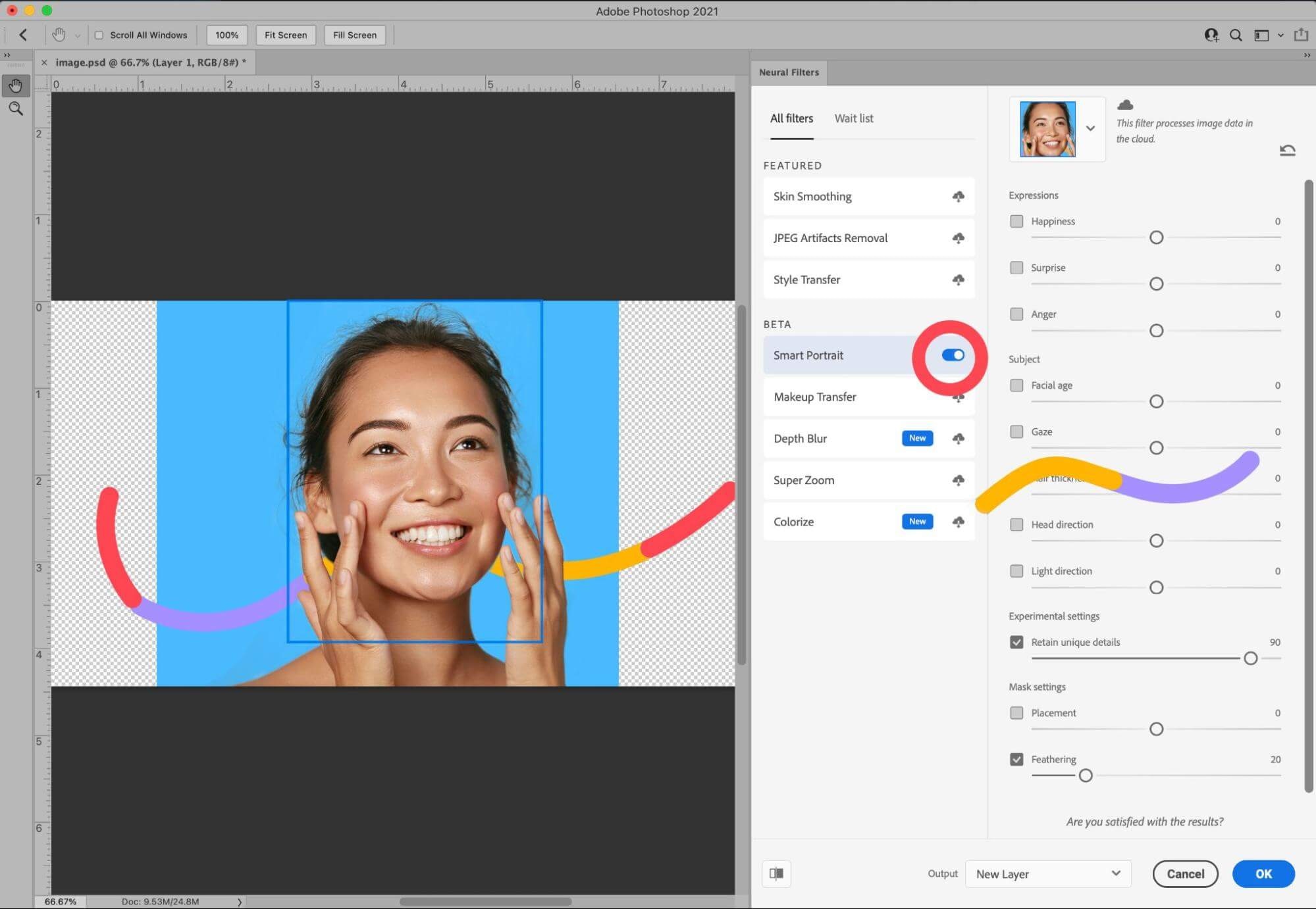Photoshop Neural Filters dialog with Smart Portrait and Gaze filter activated for eye direction adjustment