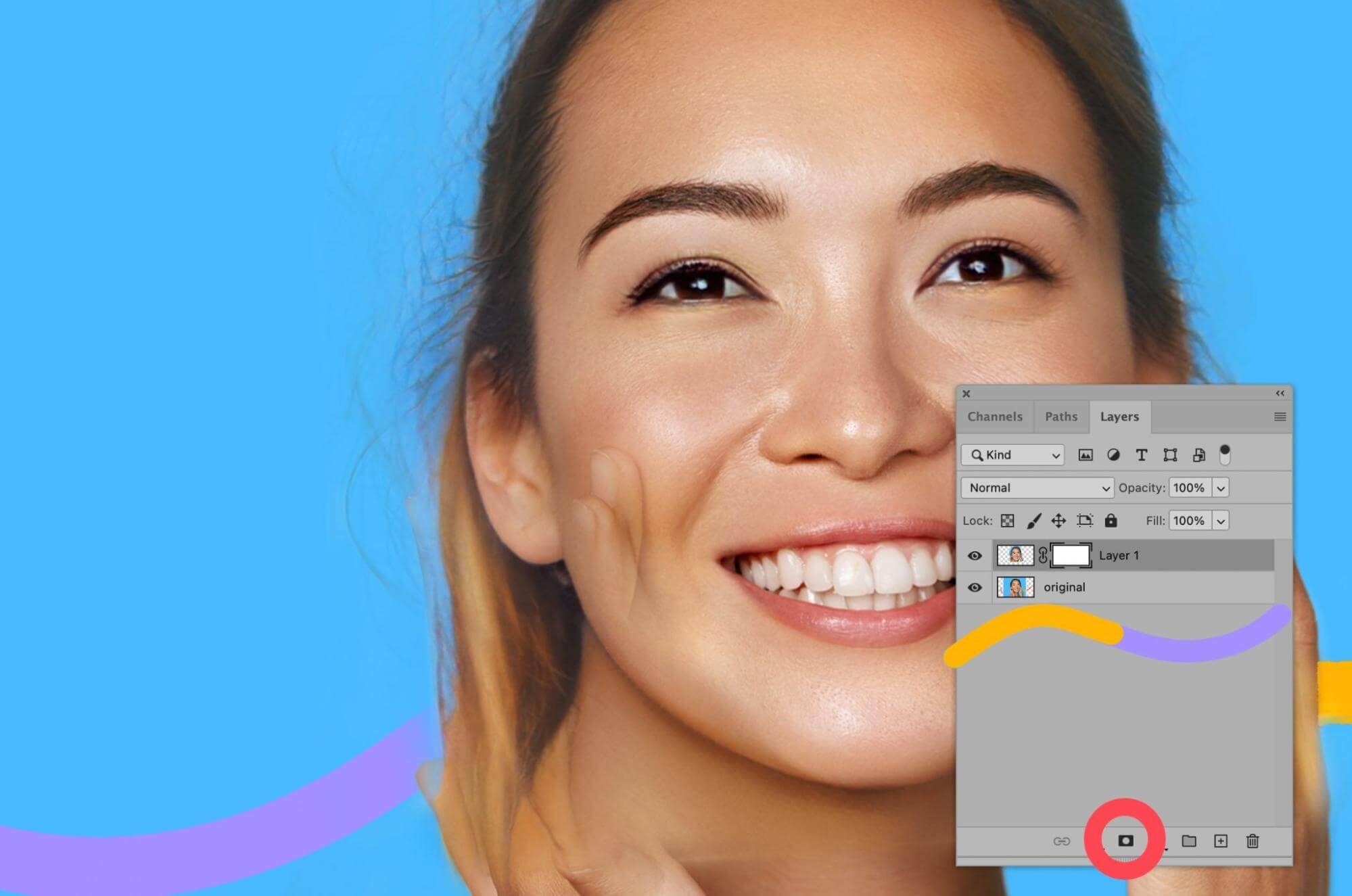 Photoshop Layers panel with new layer selected and Add Layer Mask icon highlighted for final adjustments