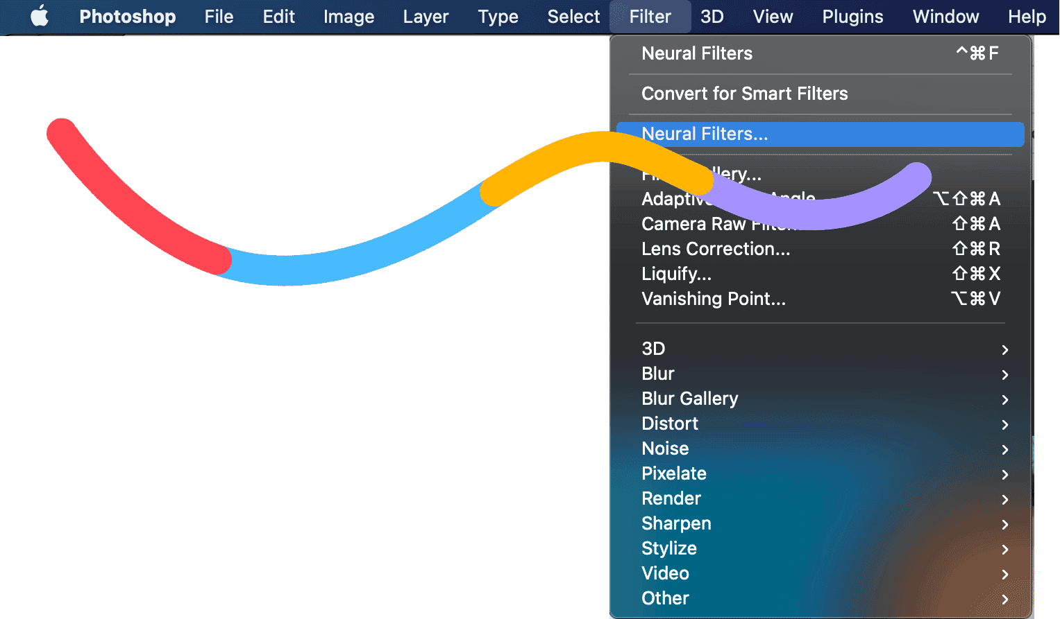 Photoshop menu showing the path to Neural Filters for adjusting eye direction