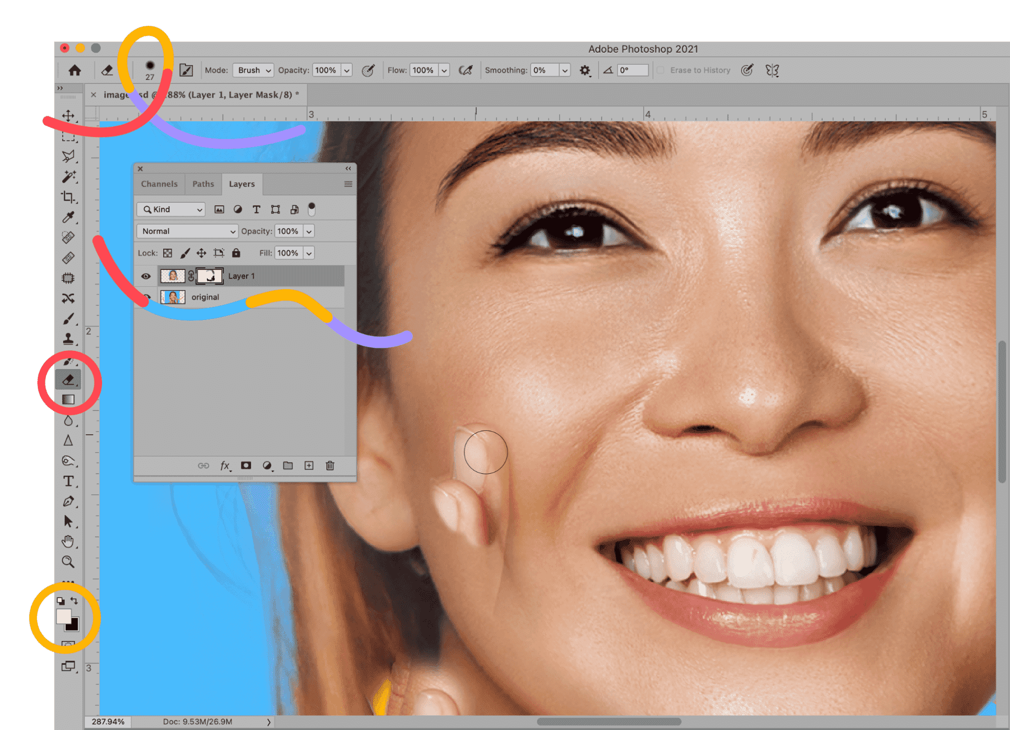 Photoshop with Eraser and Brush tools for adjusting layer mask, restoring or removing pixels