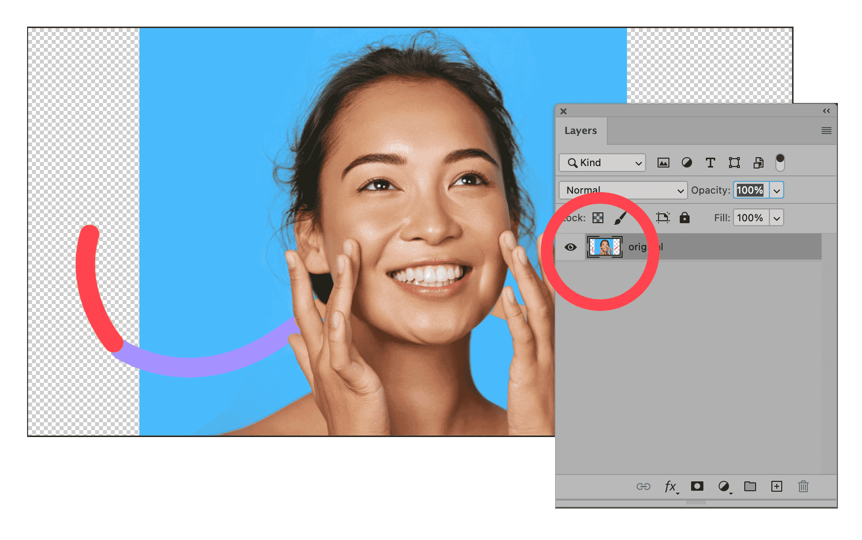 Photoshop Layers panel with selected layer for adjusting model's eye direction