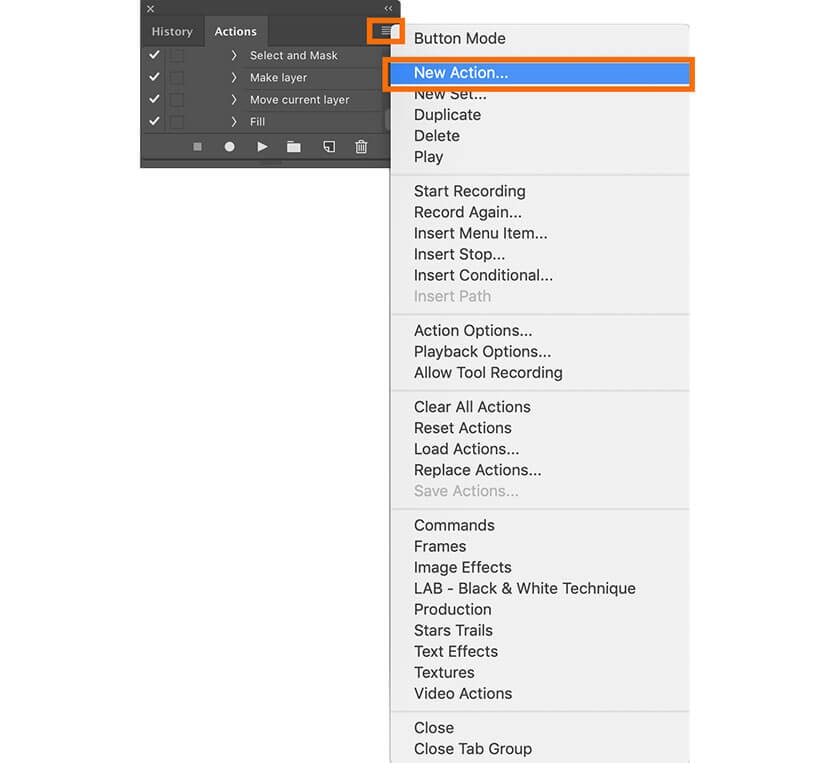 Creating a new action in Photoshop from the Actions panel menu for batch processing