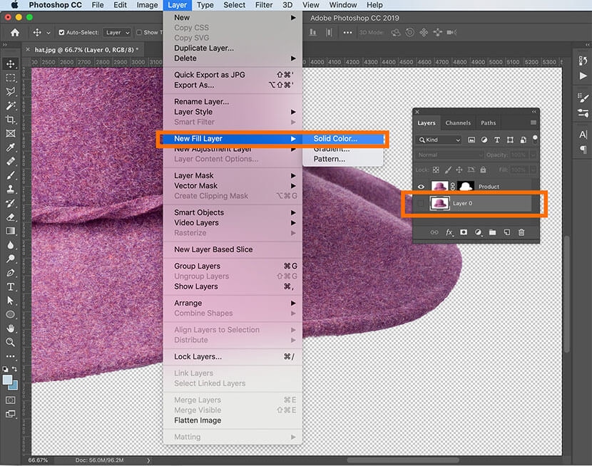 Creating a new fill layer with solid color in Photoshop using Layer > New Fill Layer menu.