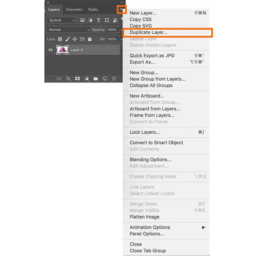 Duplicating Layer 0 in Photoshop by selecting Duplicate Layer from the Layers panel menu.