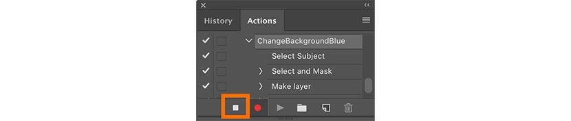 Filling a layer with color and stopping the action recording in Photoshop Actions panel.