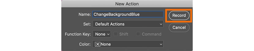 Naming a new Photoshop action 'Change Background Color' for easy identification
