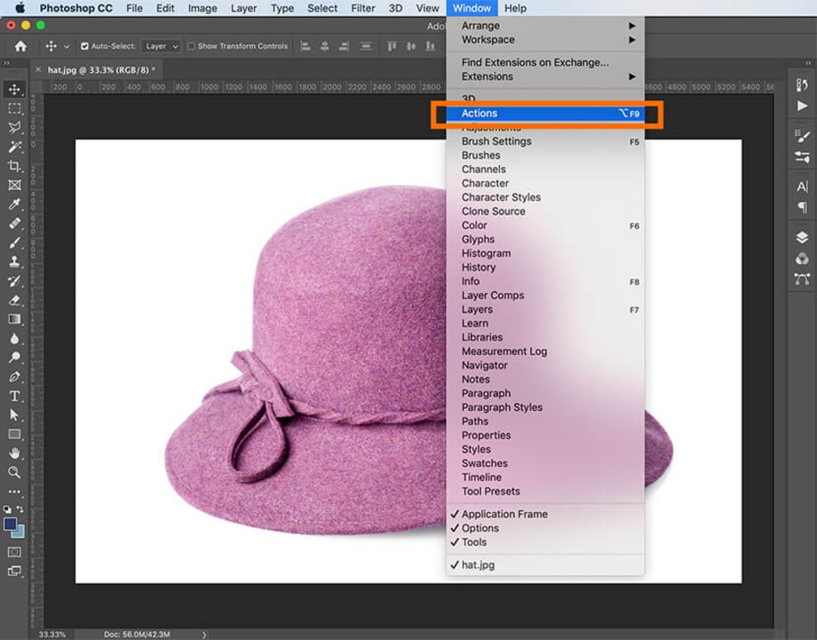 Opening the Actions panel in Photoshop to create an action for batch editing.