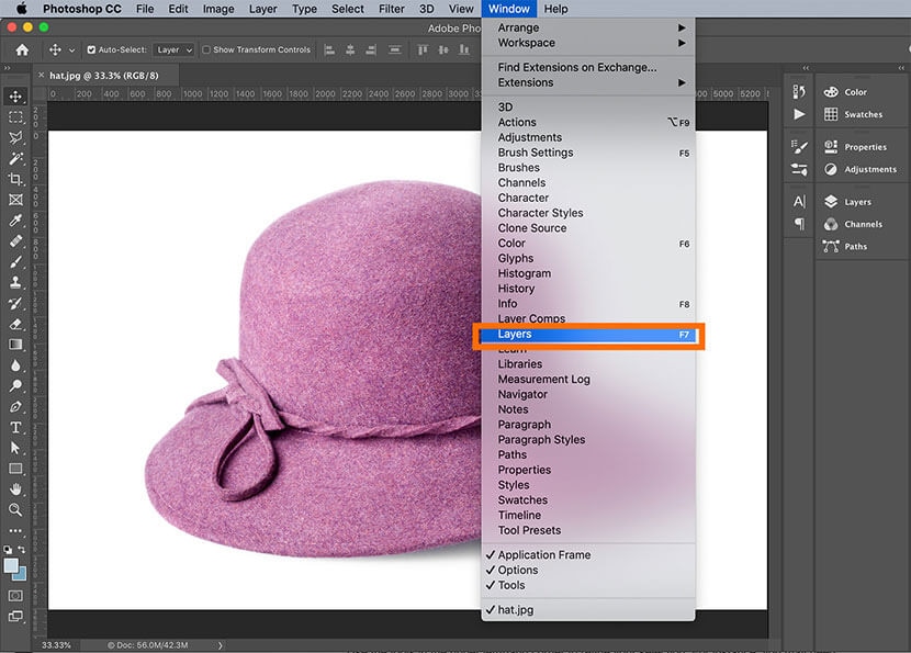 Opening the Layers panel in Photoshop via Window menu for product image editing.