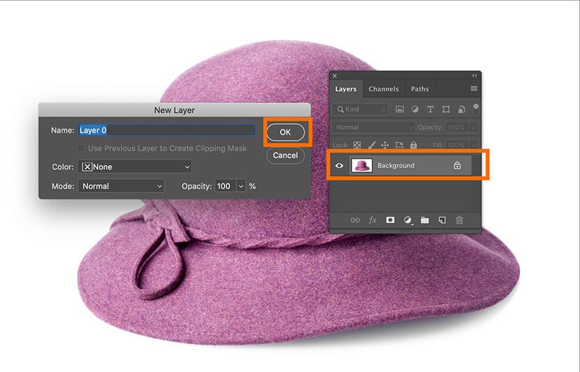 Renaming locked Background layer to Layer 0 in Photoshop Layers panel.