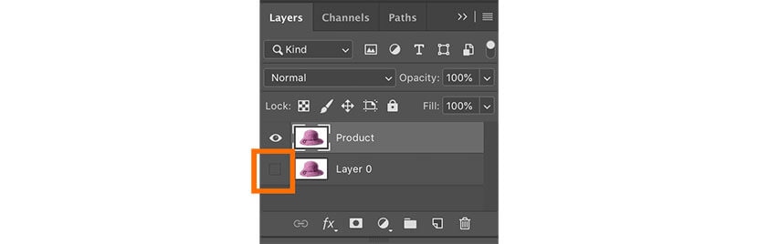 Renaming duplicated layer to Product and hiding Layer 0 in Photoshop Layers panel.