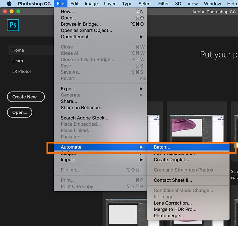 Running a batch process in Photoshop via File > Automate > Batch for multiple image editing.