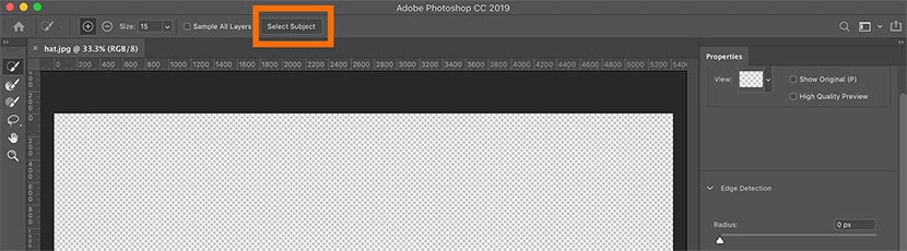 Using the Select Subject option in Photoshop to quickly isolate the main object.