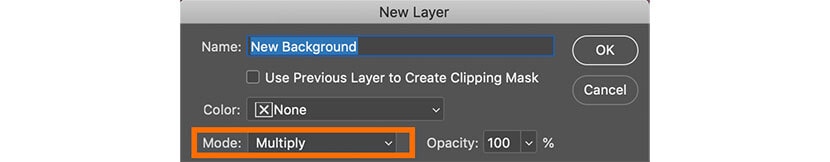 Setting layer mode to Multiply in Photoshop for background color adjustment.