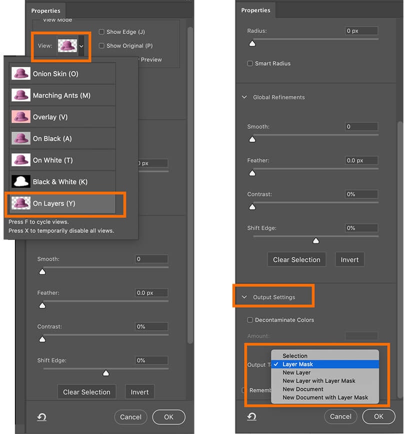 Setting View to On Layers and Output to Layer Mask in Photoshop Properties tab.