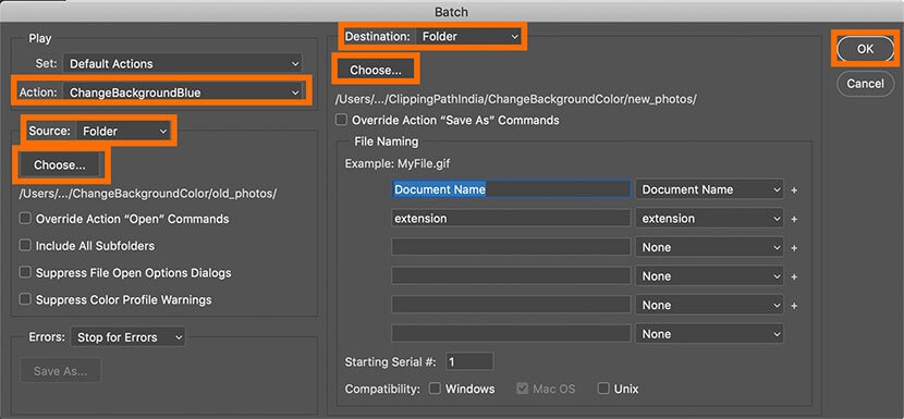 Selecting source and destination folders for batch processing in Photoshop.