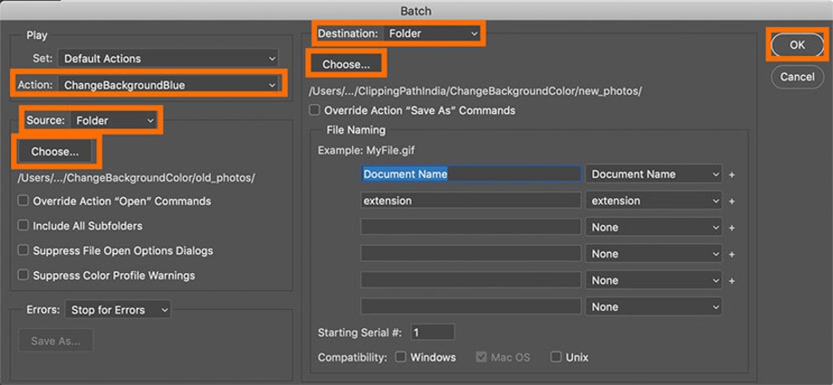 Selecting source and destination folders for batch processing in Photoshop.