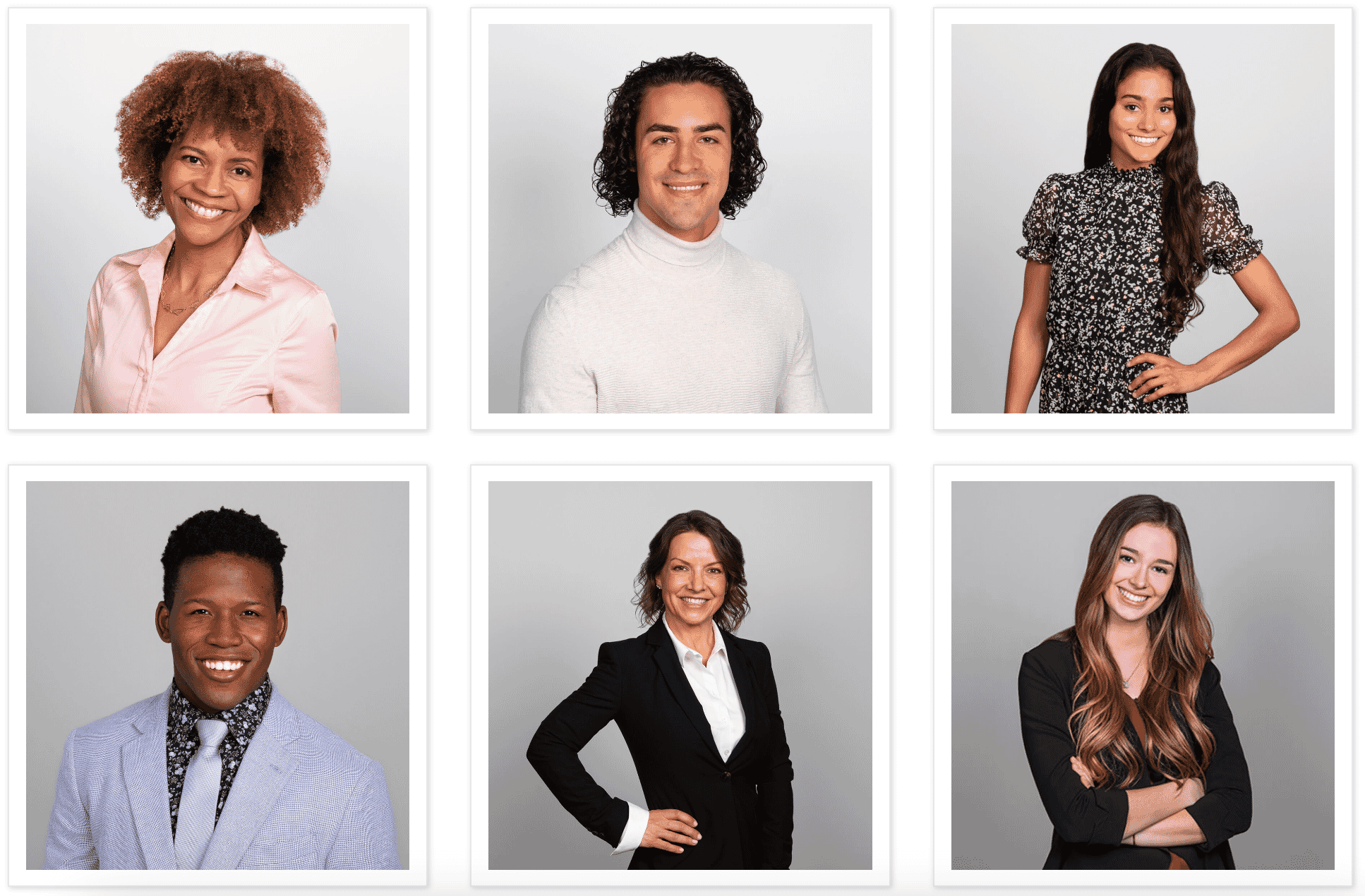 Six diverse professional headshots with neutral backgrounds, showcasing a variety of expressions and outfits