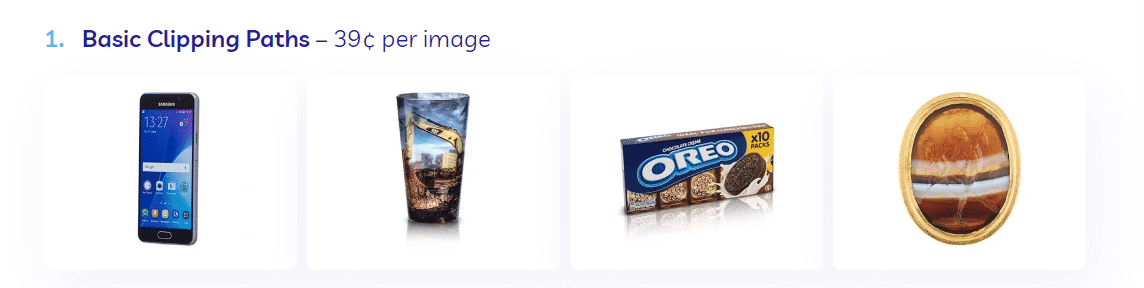 Basic clipping path examples for product images, including a smartphone, cup, Oreo box, and gemstone ring.