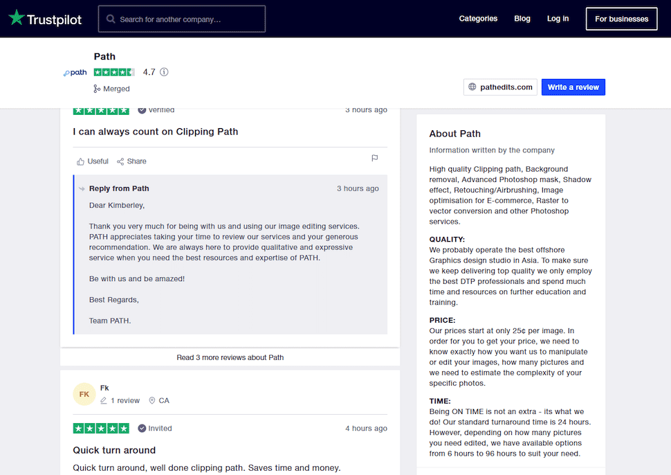 Trustpilot reviews of Path highlighting customer satisfaction with clipping path and image editing services.