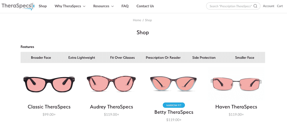 TheraSpecs eyewear product options, featuring styles for light sensitivity relief with various frames and lens colors.