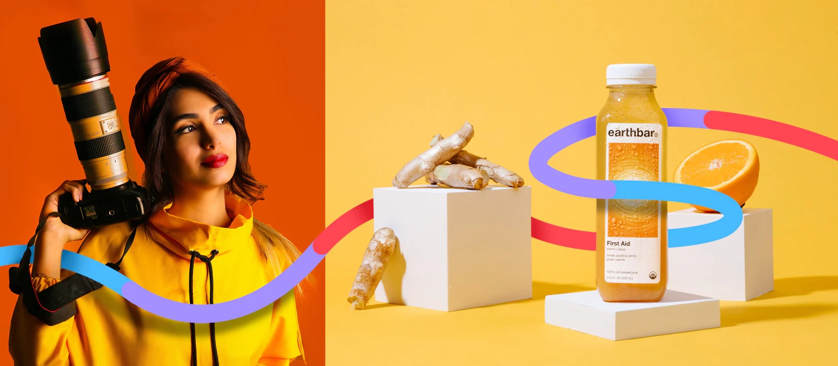 Colorful product photography with a portrait of a photographer holding a camera alongside a beverage bottle staged with ginger and orange.