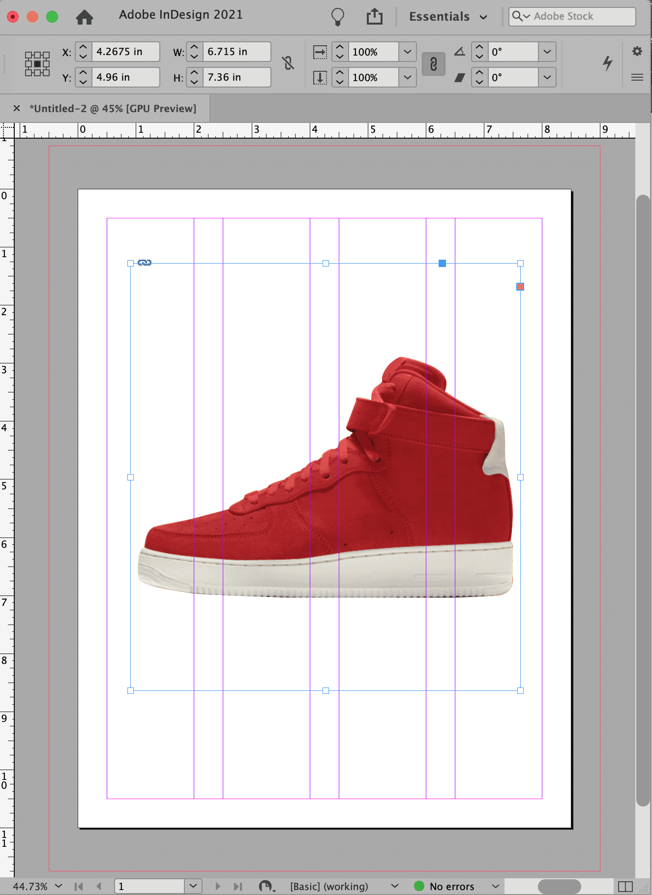 Adobe InDesign workspace showing a red shoe with a clipping path placed in a layout grid.