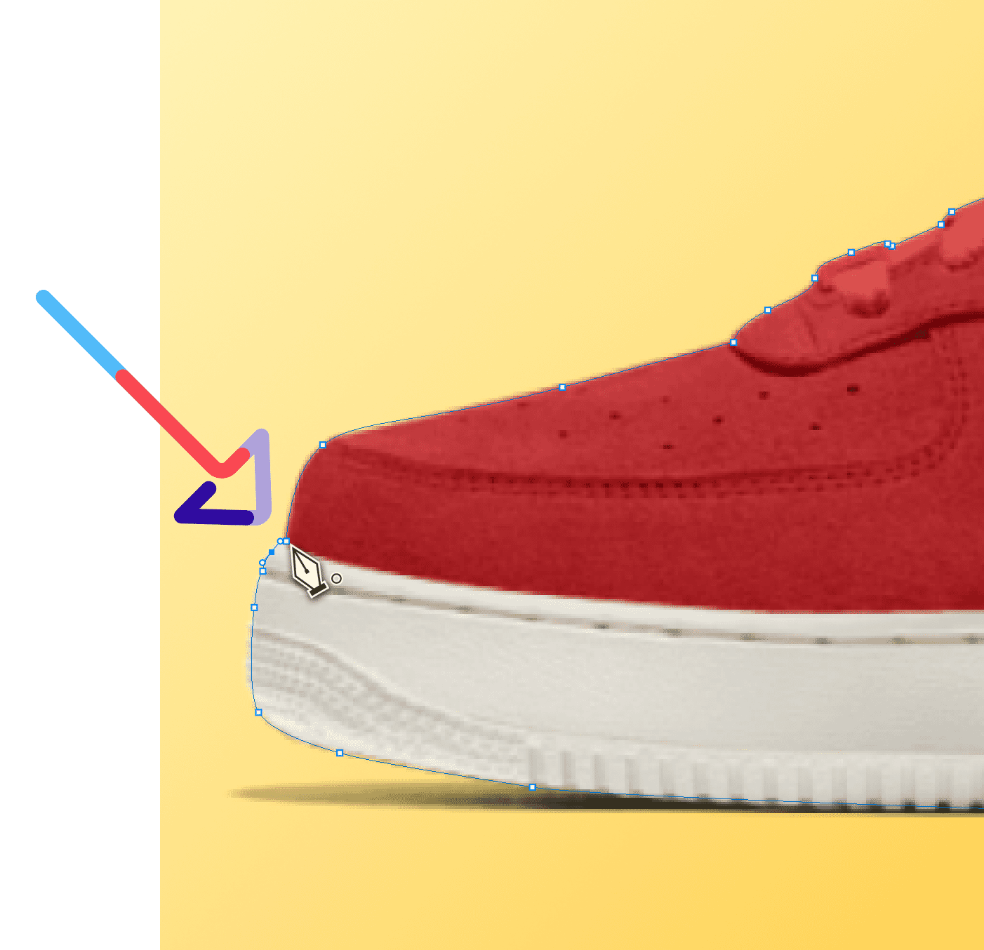 Close-up of Photoshop Pen Tool tracing the edge of a red shoe, creating a clipping path on a yellow background.