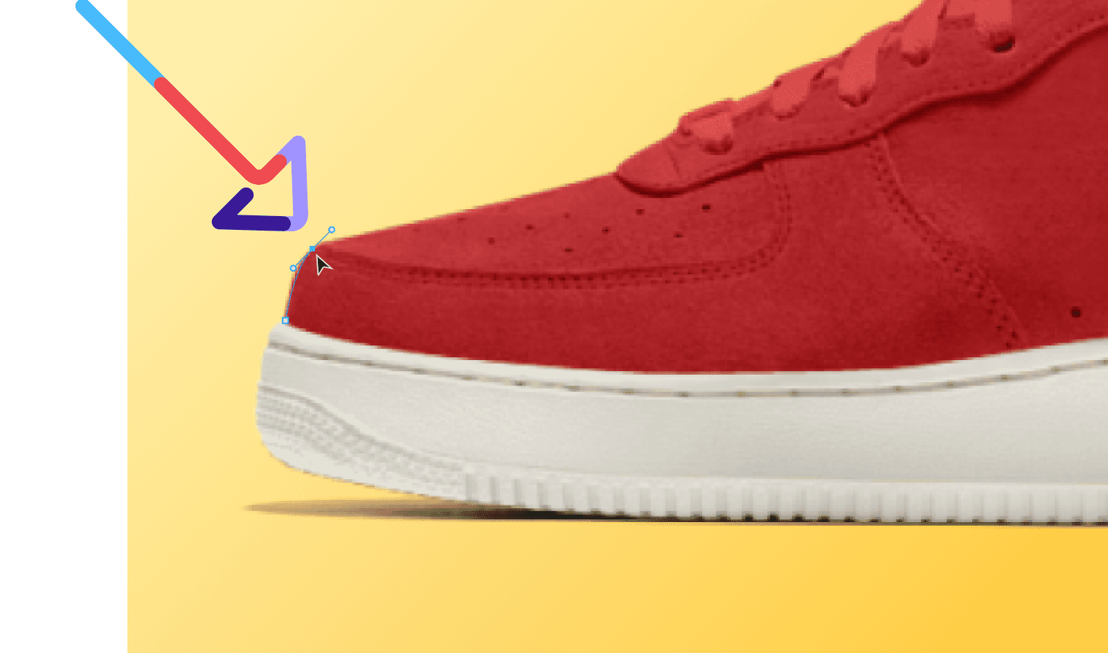 Close-up of Photoshop’s Pen Tool outlining the toe area of a red shoe for a clipping path on a yellow background.