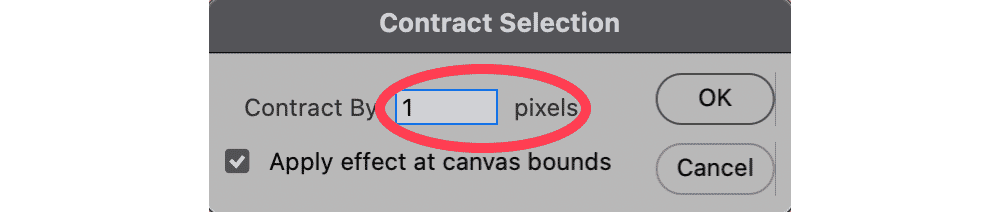 Photoshop Contract Selection dialog box set to contract by 1 pixel for refining a clipping path.