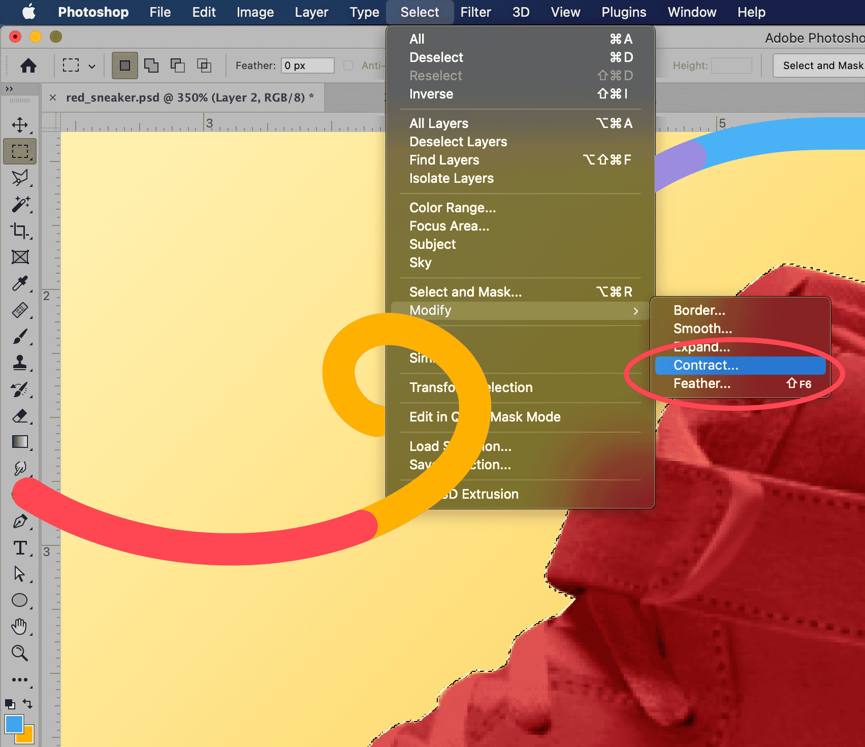 Photoshop Select menu showing feather and contract options under Modify for refining clipping paths.