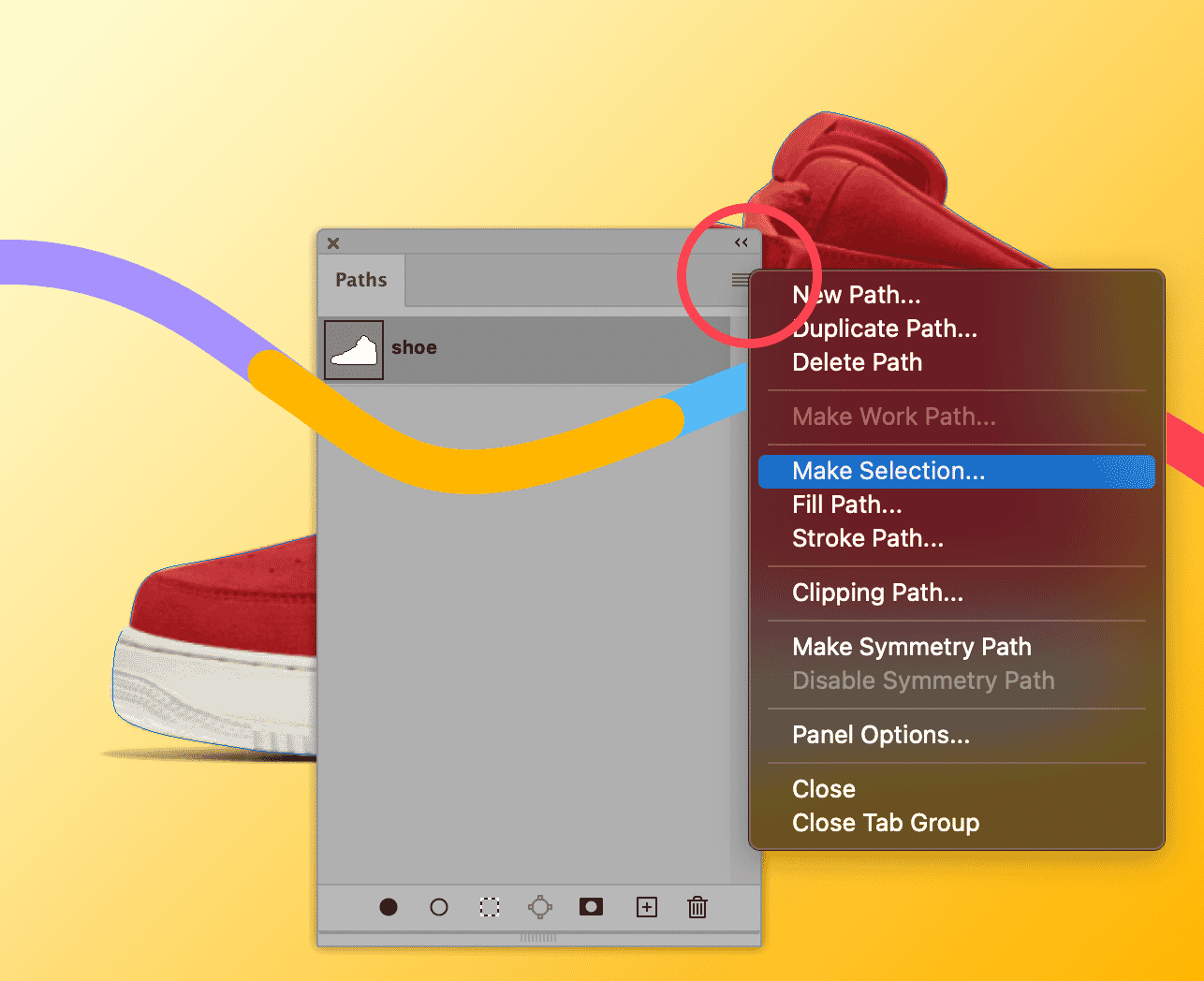 Photoshop Paths panel with “Make Selection” option highlighted to select a path around a red shoe on a yellow background.