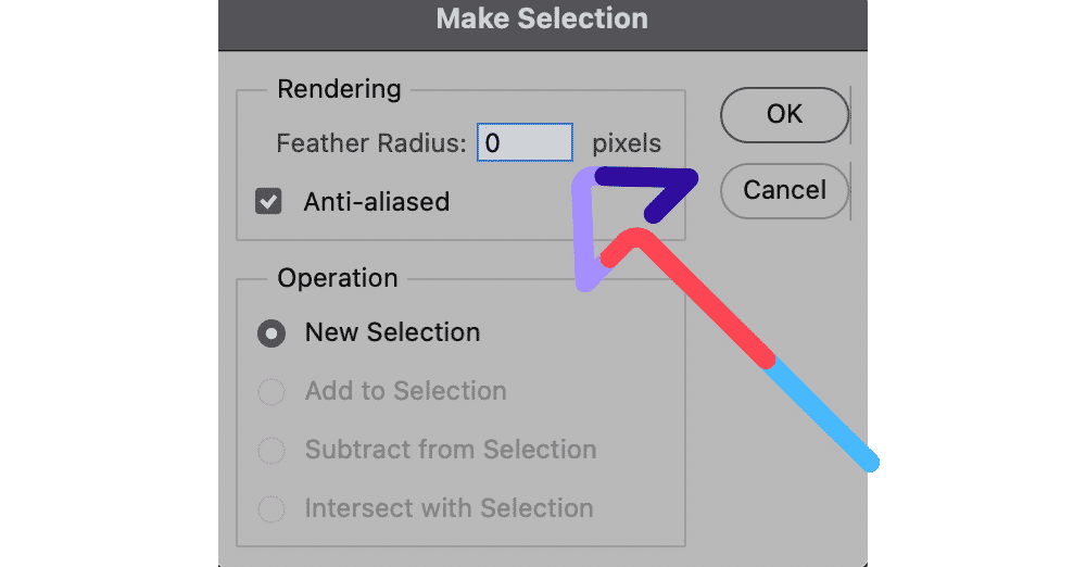 Photoshop “Make Selection” dialog box with feather radius and anti-aliasing settings for clipping path.